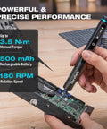Mini Electric Screwdriver Set 49-In-1 Precision Torque For Delicate Electronics And Diy Repairs Cordless Rechargeable Tool With 5 Speed Levels Sae Bits High Performance Gearbox Kit Handy And Compact, showing a person using the screwdriver on a circuit board.