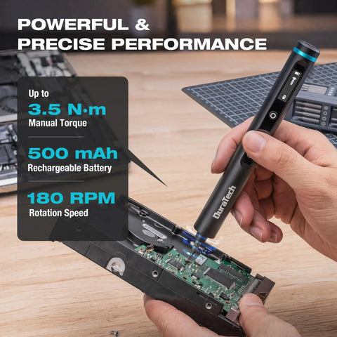 Mini Electric Screwdriver Set 49-In-1 Precision Torque For Delicate Electronics And Diy Repairs Cordless Rechargeable Tool With 5 Speed Levels Sae Bits High Performance Gearbox Kit Handy And Compact, showing a person using the screwdriver on a circuit board.