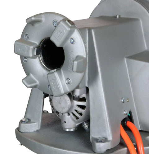 Heavy Duty Pipe Threading Power Drive And Stand Compatible With Ridgid 41855 42360 close-up of motor and threading head.