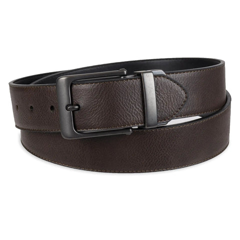 Mens Reversible Belt With Rotating Square Buckle And Engraved Logo, Brown Black Antique Finish, 34 36 Waist, 2 In 1 Casual Leather Belt For Everyday Wear, Durable Build And Easy Style Swap For Any Street Ready Outfit