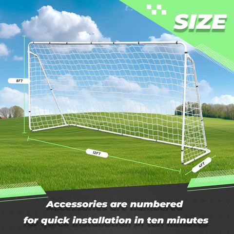 Backyard Soccer Goal 12 By 6 With Steel Frame Portable Training Net For Kids And Adults Waterproof Ground Stakes Carry Bag Easy Setup For Shooting Practice And Family Fun displayed on grass field