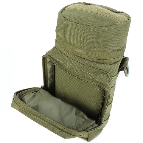 Open green H2O Bottle Pouch With Padded Main Compartment And Front Pocket, 10 Inches High By 4 Inches Diameter, durable material