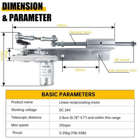 Side view of DC 24V linear reciprocating actuator with telescopic rod and rocker-arm mechanism