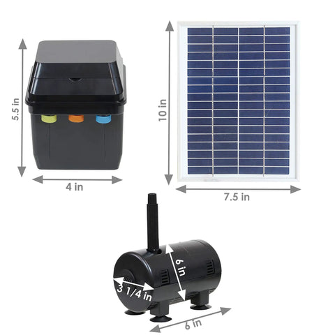 Grade A 132 GPH Solar Fountain Pump And Panel Kit dimensions: battery pack 5.5x4 in, solar panel 10x7.5 in, pump 6x3.25 in.