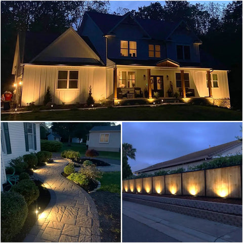 Low Voltage Landscape Spotlight Kit With Transformer For Your Yard And Flags, illuminating house, walkway, and fence at night