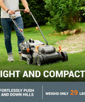 Person using 14 Inch Cordless Lawn Mower 2 In 1 Electric Push Mower With Quiet Operation Compact And Lightweight Design WG779 on grass