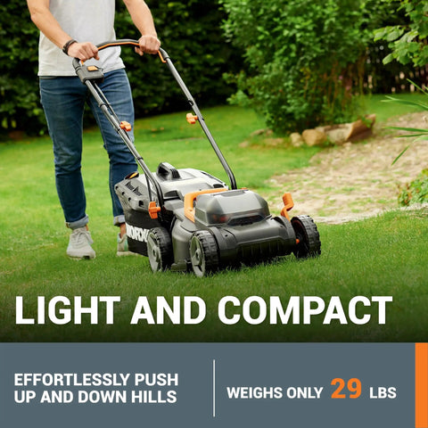 Person using 14 Inch Cordless Lawn Mower 2 In 1 Electric Push Mower With Quiet Operation Compact And Lightweight Design WG779 on grass