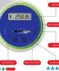 Top view of Digital Coin Counter Money Jar With LCD Display And Automatic Piggy Bank, blue lid with display and coin slot.