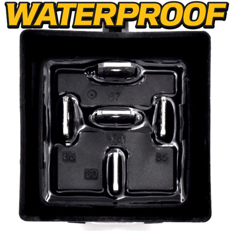 Heavy Duty Waterproof Relay Kit With LED Indicator, 2 Pack, 12V DC, IP68 Sealed, Plug N Play Diagnostics, Replaces Hella 4RD-960388-31 4RD-960388-22 4RD-960388-06, Built Tough For Off Road And Marine, close-up in sealed black housing