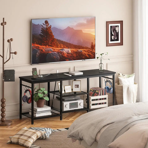 TV Stand For Televisions Up To 55 Inch With Built In Power Outlet And USB Ports Type C Port Open Storage Shelves Black Entertainment Console Table For Living Room And Bedroom Slick Cable Management