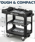 Heavy Duty Utility Cart With 2 In 1 Convertible Workstation Transforming From 3 Shelf Cart To Flat Top Workstation, 660 Lb Capacity, Durable HDPE Frame, Ladder Hook, Four Swivel Wheels, Ideal For Garage And Maintenance Shops, dimensions shown