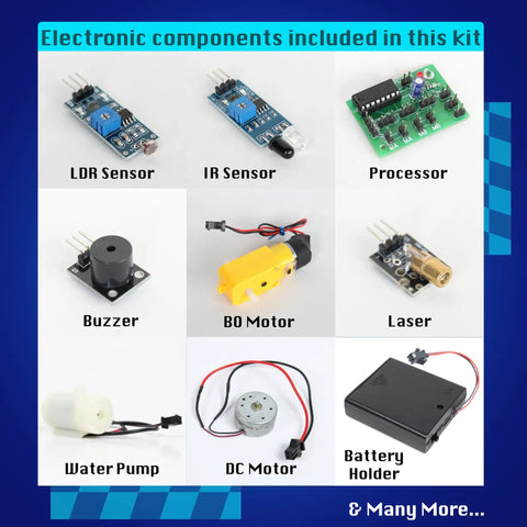 Ten In One STEM Robotics Kit For Kids Aged 8 To 14 With Hands On Electronics And Engineering Projects components overview.