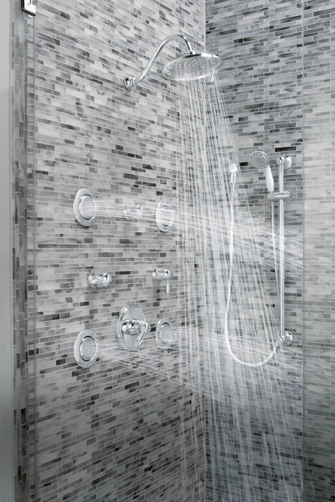 Mosaic Round Single Function Shower Body Spray With Hydro Jet Massage, Wall Mounted Chrome Finish, 3-1/4 Inch Spray Head in use
