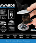 Person holding Inside Tub Drain Hair Catcher In Black Chrome Finish No Fuss Cleanup Protector in front of award logos