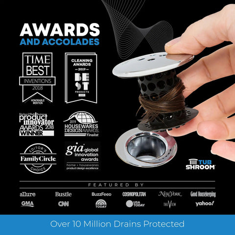 Person holding Inside Tub Drain Hair Catcher In Black Chrome Finish No Fuss Cleanup Protector in front of award logos