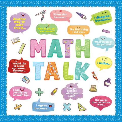 Math Talk Bulletin Board Set For Classrooms And Home Offices Kid Friendly Interactive Math Discourse Cards with colorful graphics.