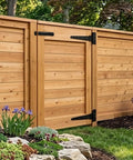 2 Piece Heavy Duty T Strap Hinge And Slide Smooth Barn Door Hardware Kit With Wide Sliding Latch For Courtyard Gates And Fences Matte Black Finish displayed on wooden gate.
