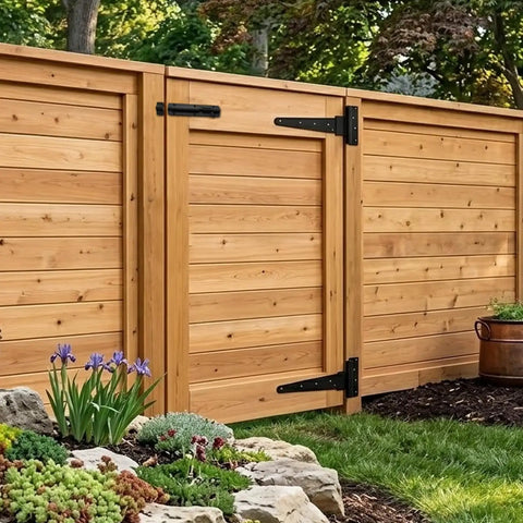 2 Piece Heavy Duty T Strap Hinge And Slide Smooth Barn Door Hardware Kit With Wide Sliding Latch For Courtyard Gates And Fences Matte Black Finish displayed on wooden gate.