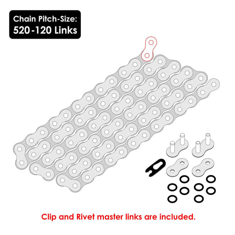 Illustration of Blue O Ring Drive Chain And Sprockets Kit For Yamaha Warrior 350 YFM350X 1989 2004 showing 520 pitch with 120 links.