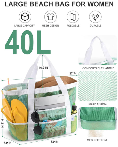 40L Mesh Beach Tote Bag With Sandproof Quick Dry Mesh And Waterproof Pocket Foldable For Family Getaways and Pool Days.