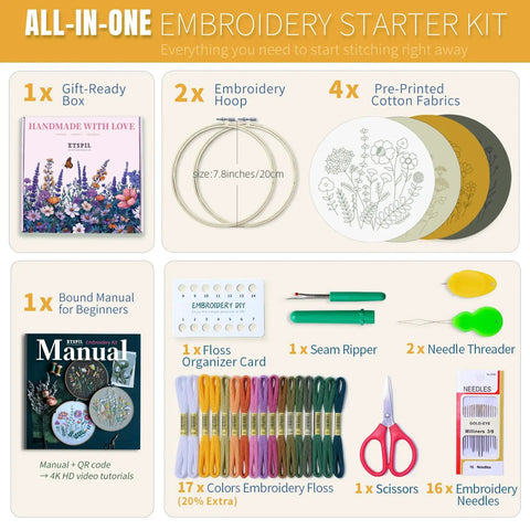 Beginner Embroidery Kit With Two Hoops, Four Floral Patterns, Includes 4K Video Tutorials And 11 Fundamental Stitches, Perfect For New Crafters To Learn Fast; includes gift box, hoops, pre-printed fabrics, manual, floss, needle, scissors, seam ripper, needle threader.