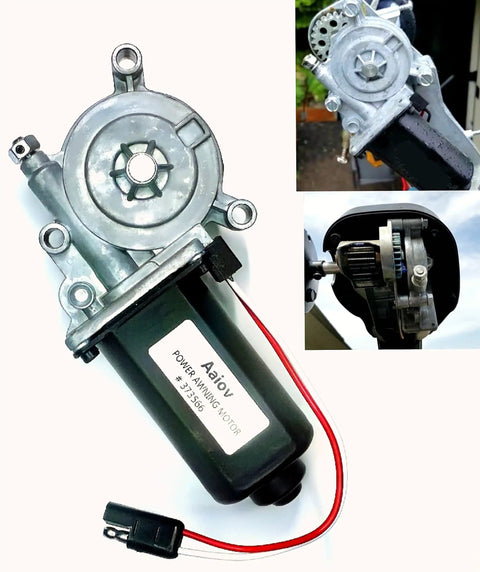 Close-up view of Universal RV Awning Motor Replacement With Black Connector, 12V DC, 75 RPM, shown with detailed components.