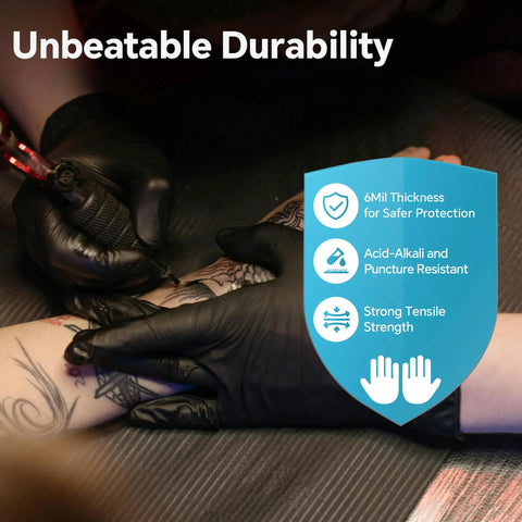 Nitrile disposable gloves, black, XL; used for tattooing on forearm with tattoo machine
