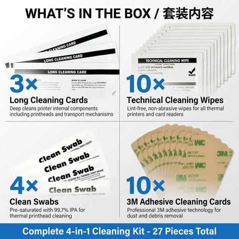 All In One Printer Maintenance Kit Compatible With Hdp5000 Hdp5600 Hdp6600 And Hdp8500 Includes Ipa Cleaning Cards Printhead Swabs Adhesive Sheets And Wipes To Keep Your Setup Dialed In Tight, showing 3 cleaning cards, 10 wipes, 4 swabs, and 10 adhesive sheets.