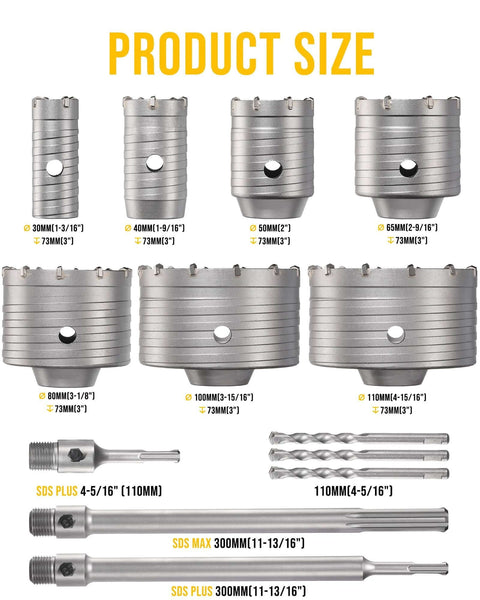 TGFTGF 13-piece concrete hole saw kit with tungsten carbide hole saws (30–110 mm) and SDS Plus/Max drill bits.