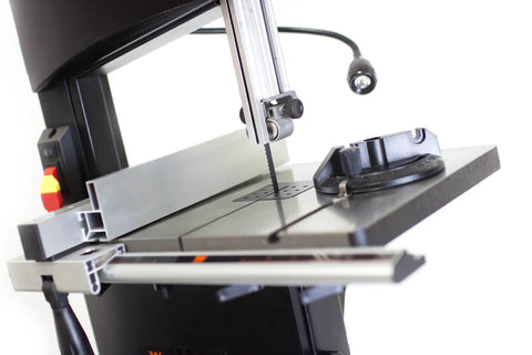 Close-up of Beast Of A 10 Inch Band Saw With Stand, 3.5 Amp Motor, showing cast aluminum table and blade detail