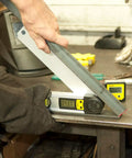 Pro Grade Digital Angle Locator 12 Inch With Quick Readout For Builders And Roofers in use on a metal workbench