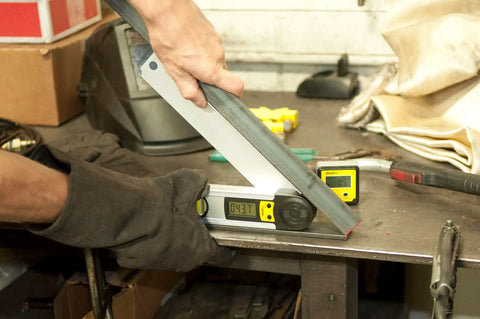 Pro Grade Digital Angle Locator 12 Inch With Quick Readout For Builders And Roofers in use on a metal workbench