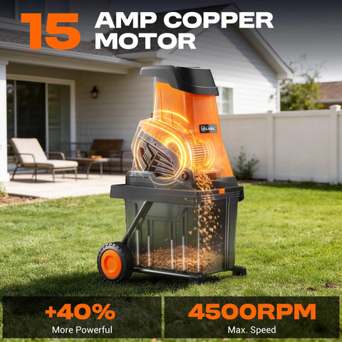 Powerful Electric Wood Chipper Shredder For Quick Yard Cleanup With 1800W Power, 4500 RPM, outdoors near patio
