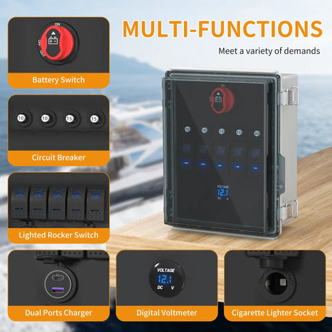 12V 5 Gang Rocker Switch Panel With LED Illumination All Weather Waterproof Box shown with digital voltmeter and switches