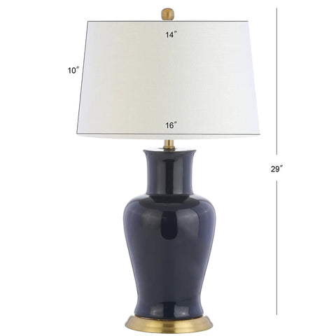 Navy Ceramic Urn LED Table Lamp, 29 Inch, Traditional Classic Style with White Linen Drum Shade, front view, ETL Listed.