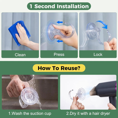 Steps for installing and reusing 4 Pack Large Suction Cup Hooks For Doors And Windows No Tools No Fuss Wreath Hanger Upgraded 1.9 Inch Diameter Holds Up To 22 Lbs For Front Door Glass Shower Mirrors And Tile.
