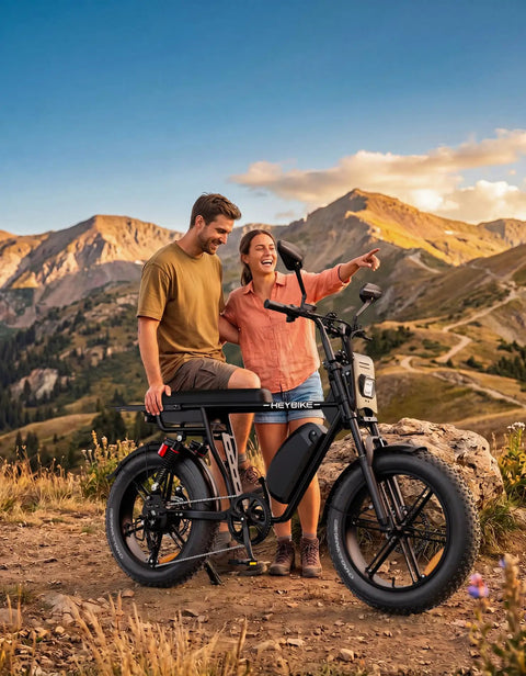 Two people enjoying nature with a Dual Battery Adult Electric Bike With 956 Wh Juice And A Mean 1800W Motor Logging Ninety Miles.