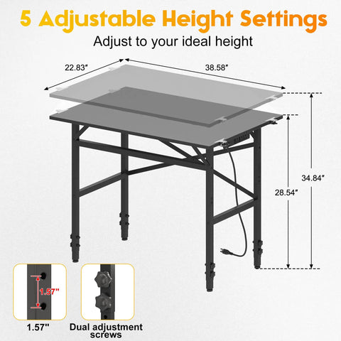 Diagram showing Space Saving 1000 Pound Metal Work Bench For Garage With 38.58 Inch Adjustable Height Table And Built In Power Strip