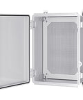 Open IP67 Weatherproof Junction Box Plastic Enclosure For Outdoor Electrical Projects With Hinged Gray Cover Includes Mounting Plate And Wall Bracket