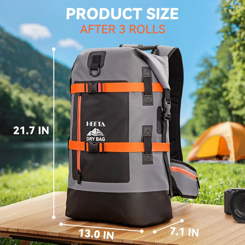 Waterproof Dry Bag Backpack 40L for Men and Women with roll top, 500D PVC material, shown outdoors near lake and tent, grey color.