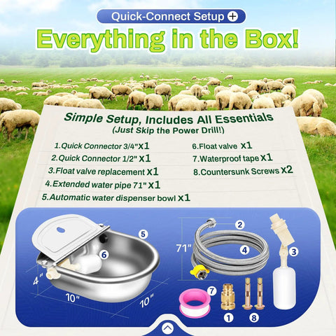 Top Shelf Automatic Animal Water Bowl With Stainless Steel Body, Dual Float Valve And 71 Inch Hose For Farm No Sweat Setup components displayed.