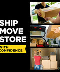 Collage of individuals handling boxes for shipping and moving, highlighting "Ship Move Store" message. Clear Box Lock Packing Tape With Dispensers shown in use.