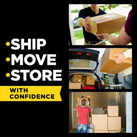 Collage of individuals handling boxes for shipping and moving, highlighting "Ship Move Store" message. Clear Box Lock Packing Tape With Dispensers shown in use.