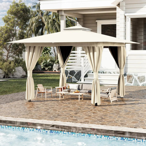 Khaki 10x10 Outdoor Gazebo With Double Roof Setup Friendly, installed on patio with curtains and netting, suitable for gatherings