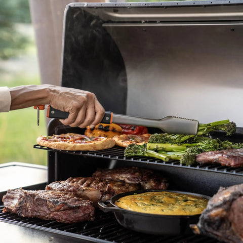 Grilling vegetables with 16.5 Inch Stainless Steel BBQ Tongs With Locking Mechanism Dishwasher Safe Serrated Edges For A Solid Grip