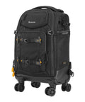 Eight Wheel Spinner Camera Backpack For DSLRs And Gear With Tuckaway Harness Converts To Everyday Pack, shown standing on wheels