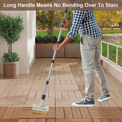 Person using Long Handle Deck Stain Brush With 59 Inch Telescoping Pole 6 Inch Wide Stain Applicator on patio