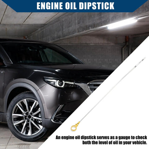 Mazda Engine Oil Dipstick For Mazda 6 2009 2013 And CX9 2007 2015 Metal Oil Level Dipstick Durable Silver Tone 1 Pc OE CY01 10 450A Direct Install Easy Fit with vehicle in garage background.