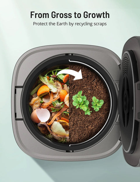 Top view of an Electric Kitchen Compost Bin For Indoor Countertop With 3 Modes, Odor Free Carbon Filter System, showing waste to compost conversion.