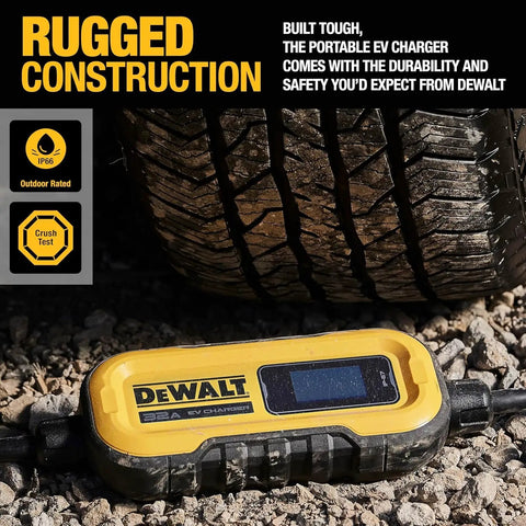 Portable Level 2 EV Charger 32A 7.6 kW 120-240V With 20 ft Cable tested for rugged construction under tire